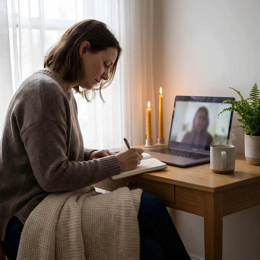 Woman journaling during a virtual healing session