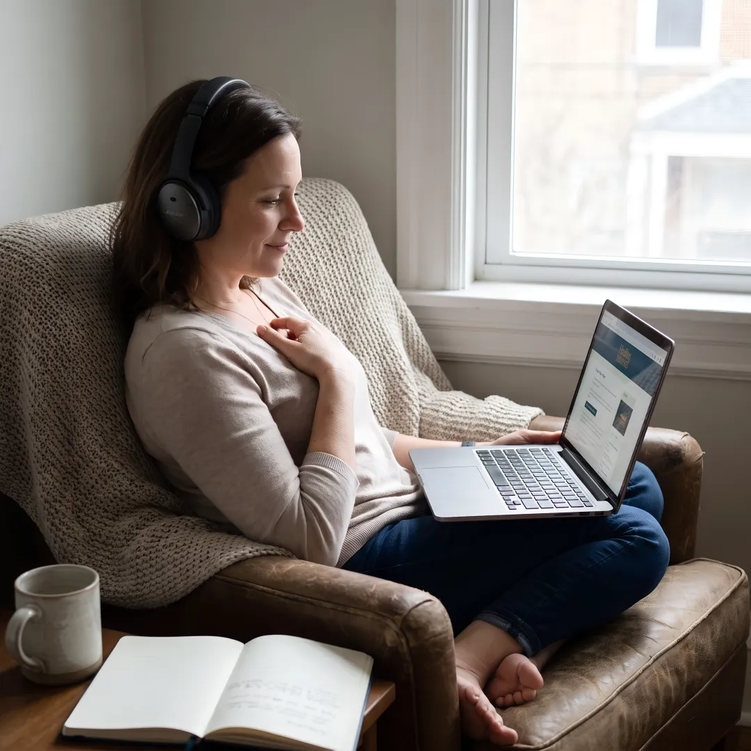 Woman receiving online anxiety support from home