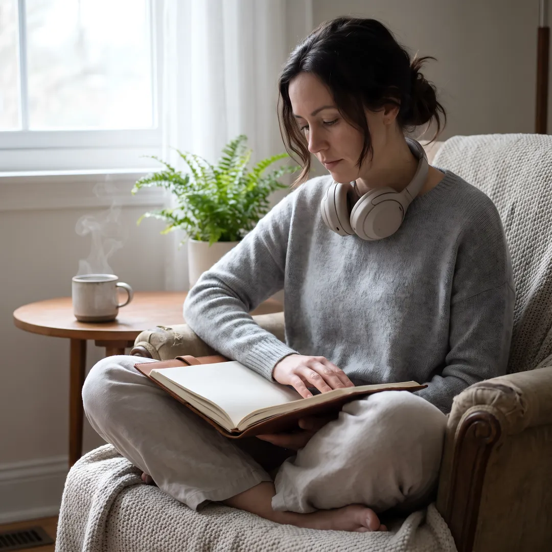 Woman resting with journal and headphones