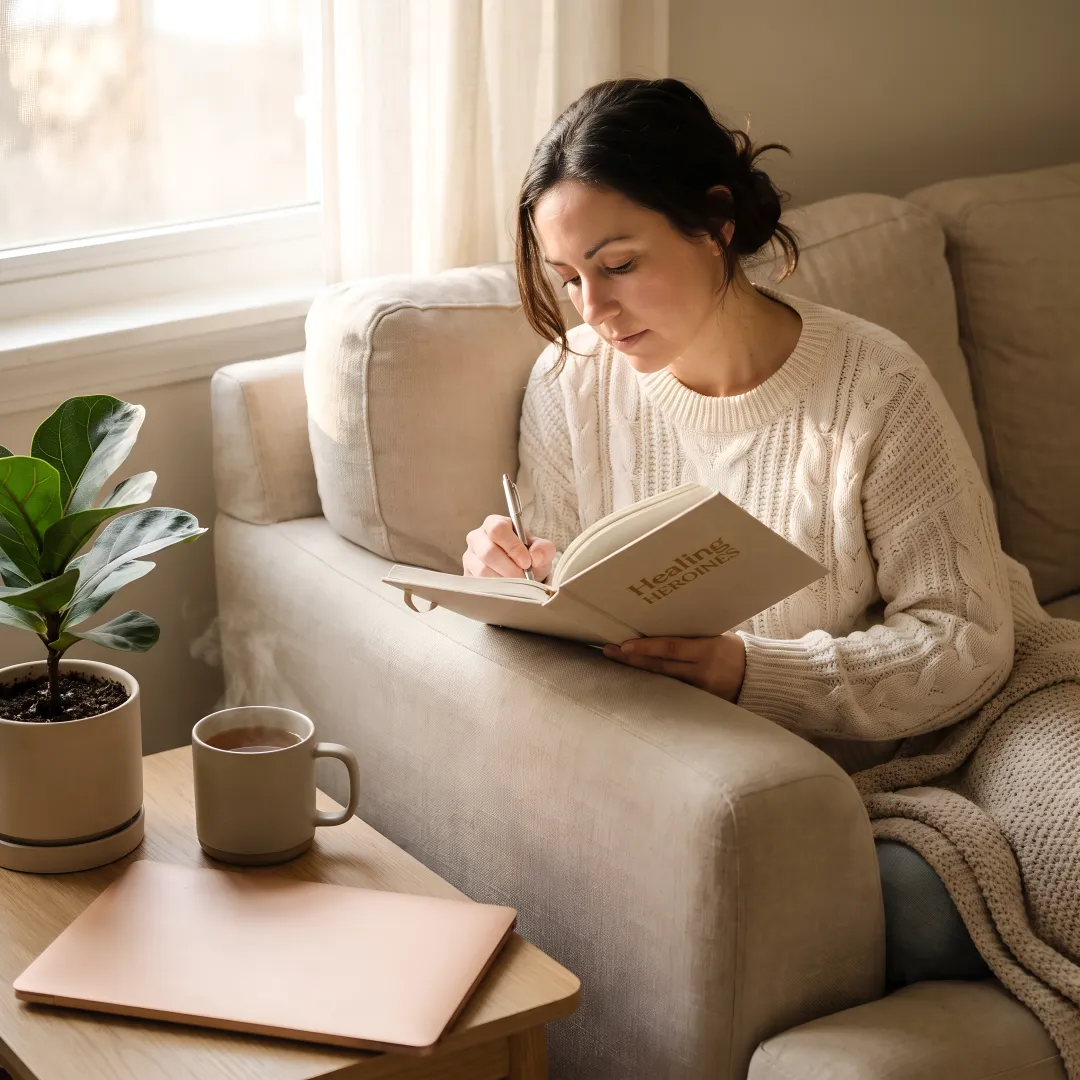 Woman journaling after virtual trauma support