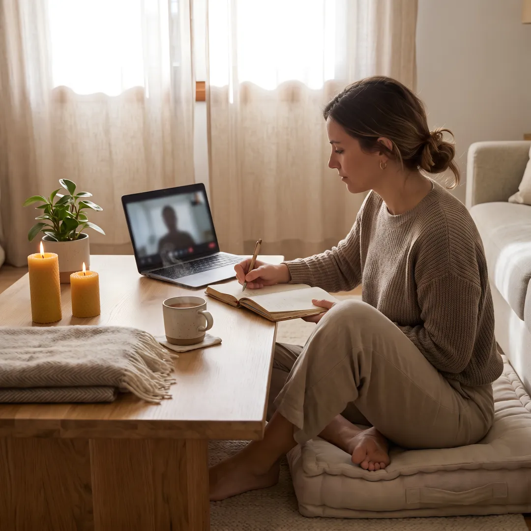 Woman journaling during a virtual wellness session
