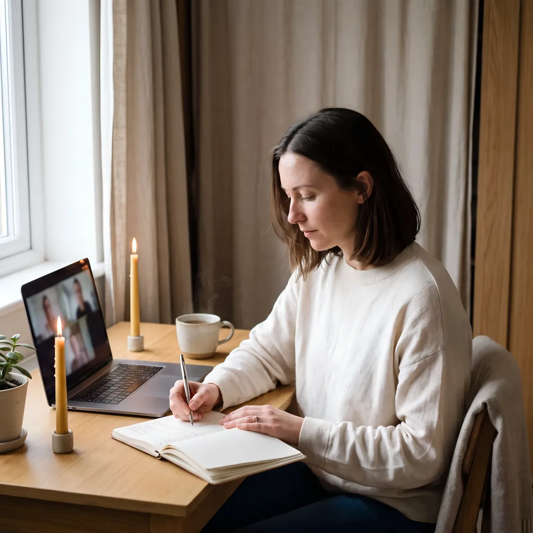Woman reflecting during virtual life mentorship session