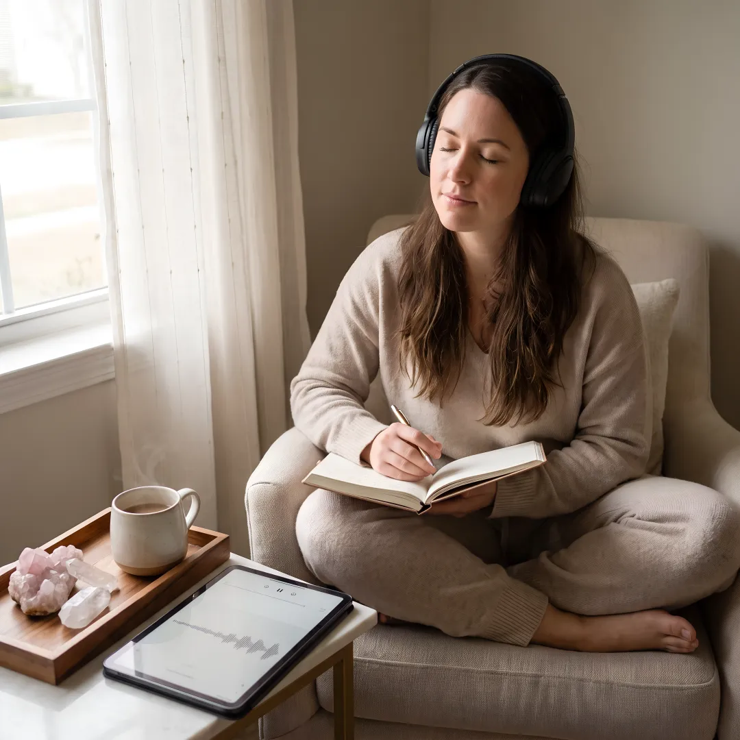 Woman listening to a spiritual wellness podcast