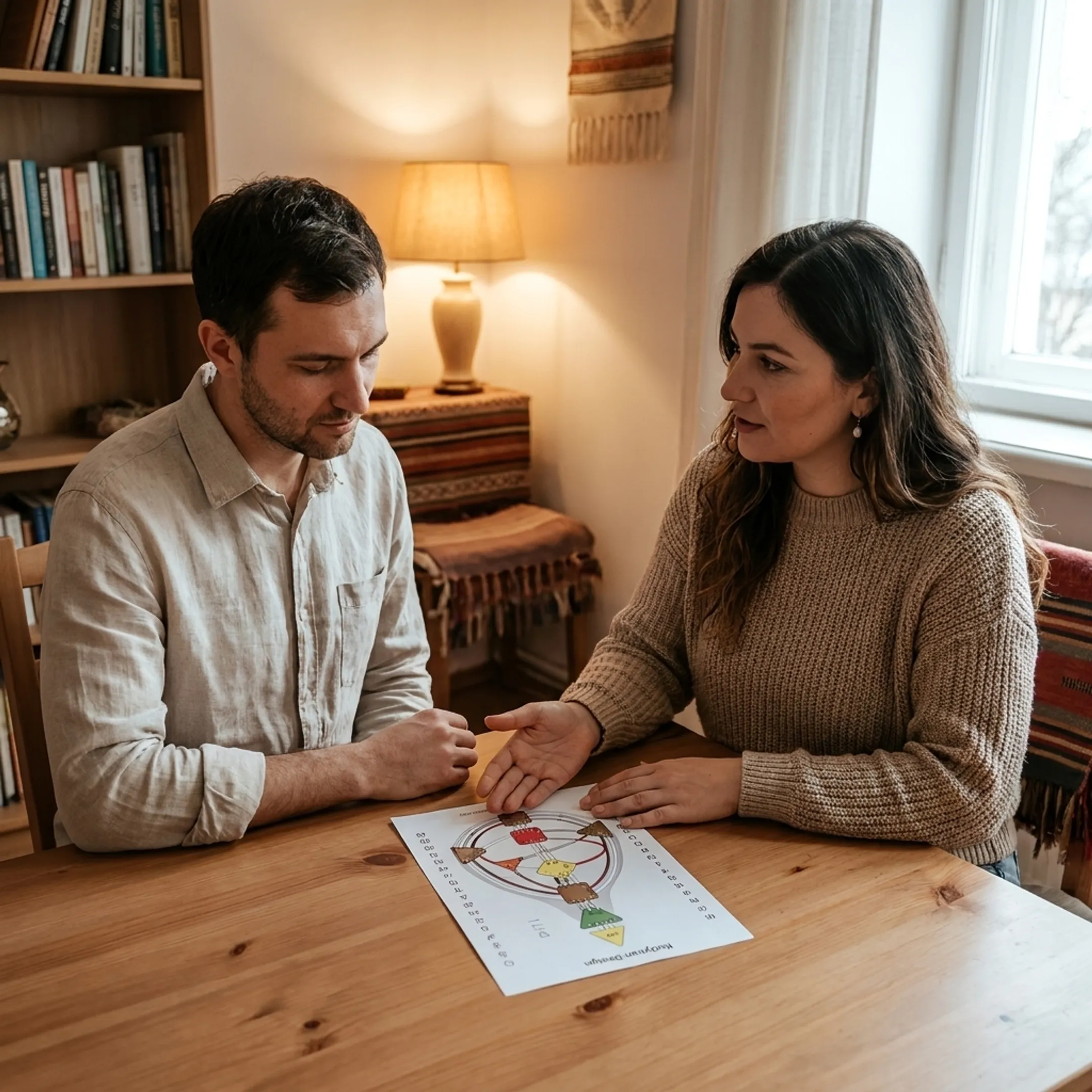 Coach discussing a Human Design chart with a client