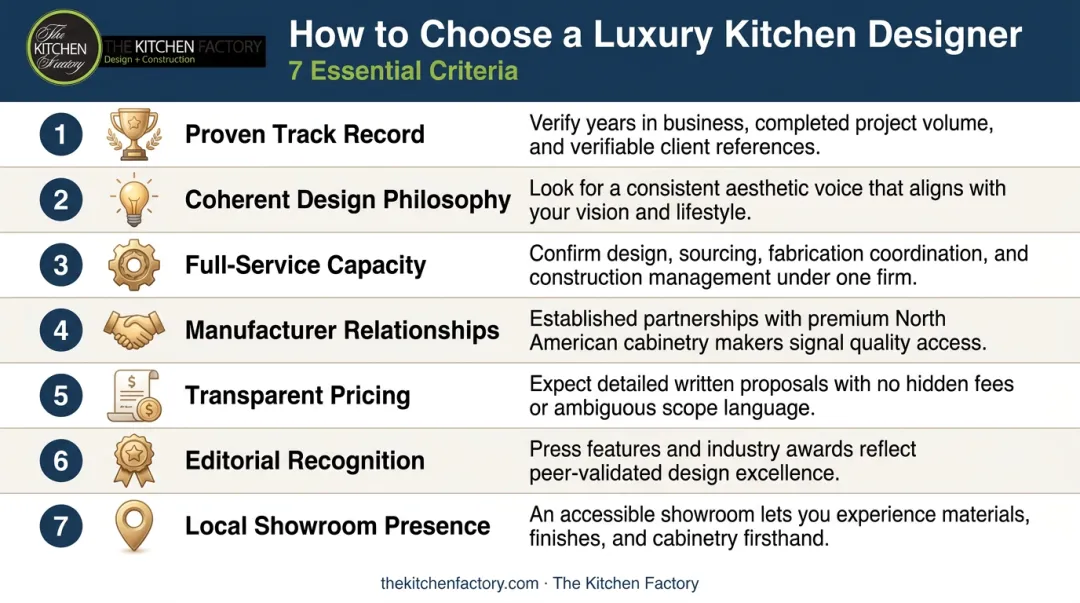 Seven criteria for evaluating and choosing a luxury kitchen designer checklist infographic