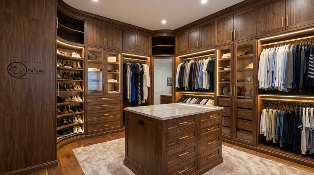 Custom L-shaped walk-in closet with floor-to-ceiling cabinetry and integrated lighting