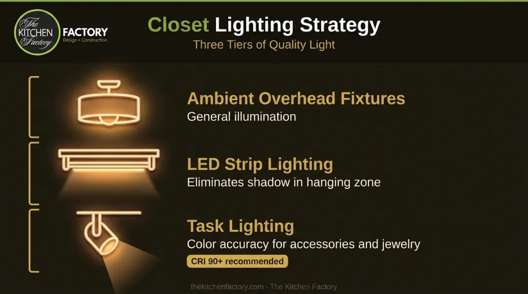 Three-layer walk-in closet lighting strategy ambient LED task lighting breakdown