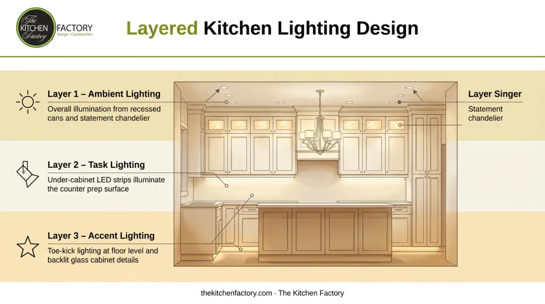 Three-layer luxury kitchen lighting system ambient task and accent levels diagram
