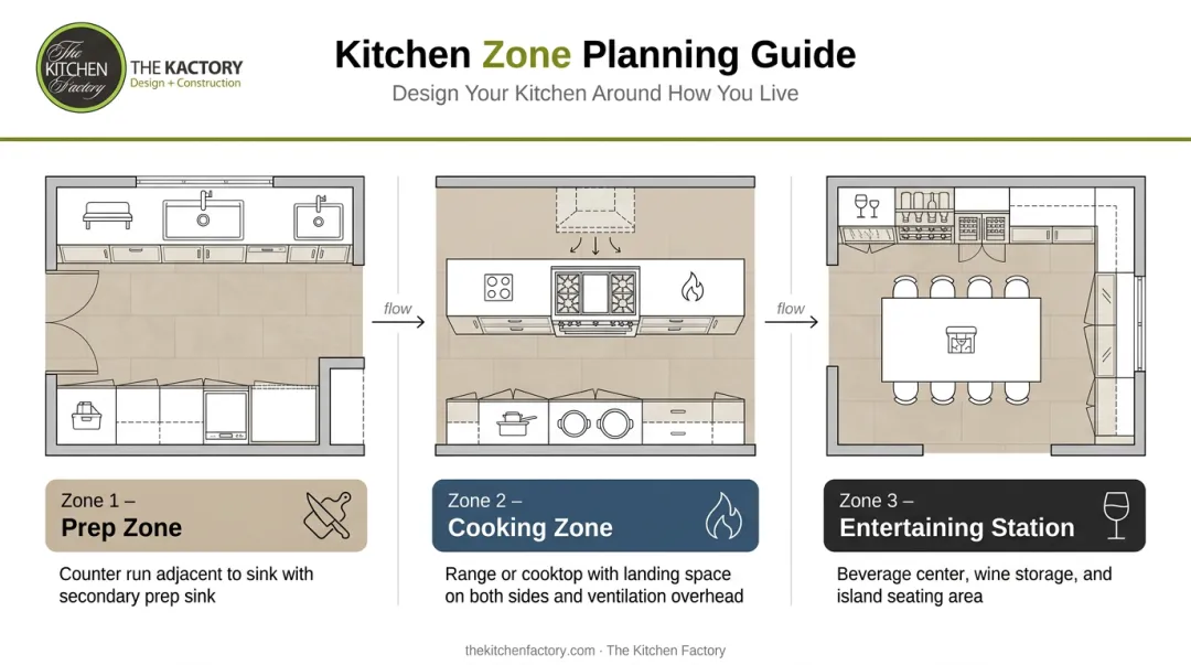 Three-zone luxury kitchen layout plan prep cooking and entertaining stations