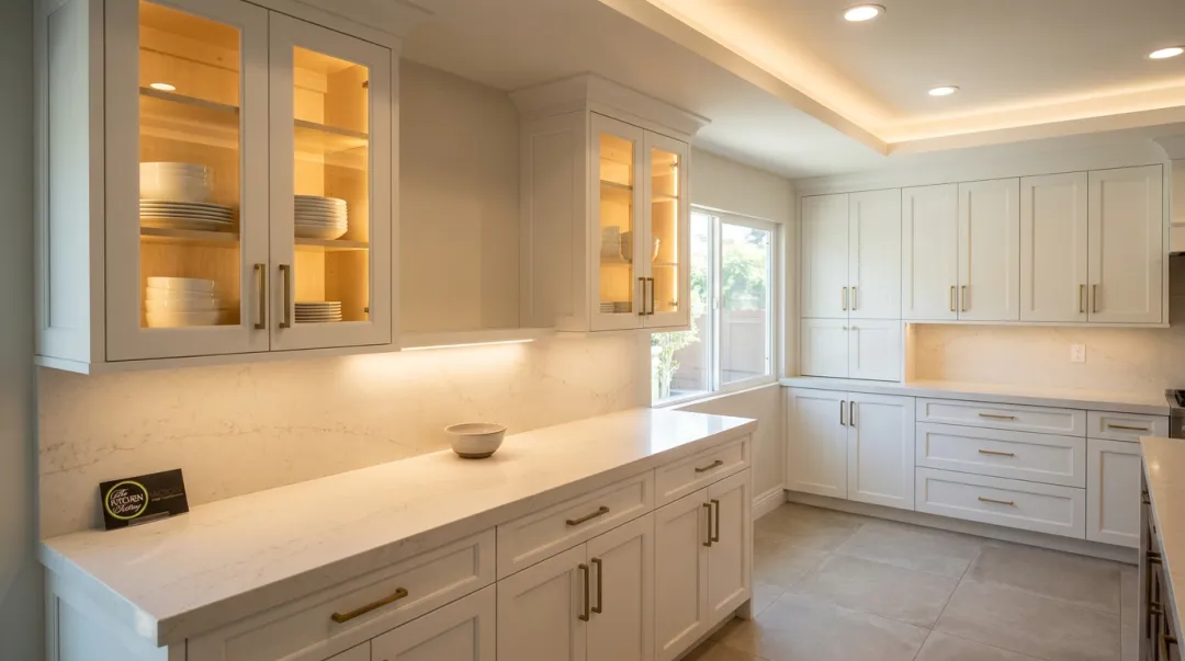 Bright modern kitchen with layered lighting undercabinet task and ambient fixtures