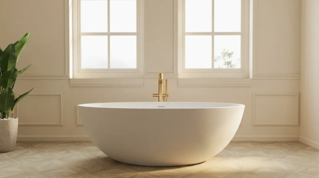 Freestanding stone resin soaking tub centered in luxury bathroom with large window