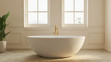Freestanding stone resin soaking tub centered in luxury bathroom with large window
