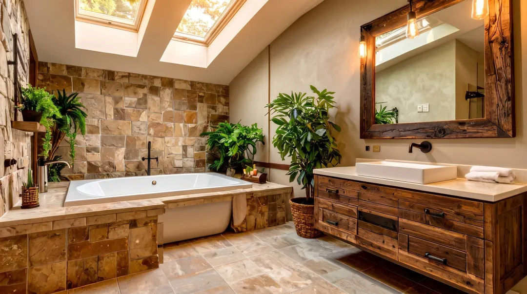 Biophilic luxury bathroom design with skylight natural stone living plant wall