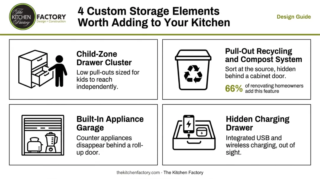 Four custom kitchen storage solutions for family kitchens infographic layout