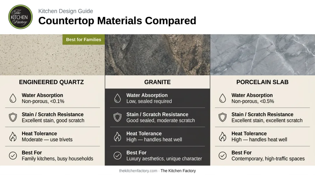 Luxury countertop materials comparison chart quartz granite and porcelain for families