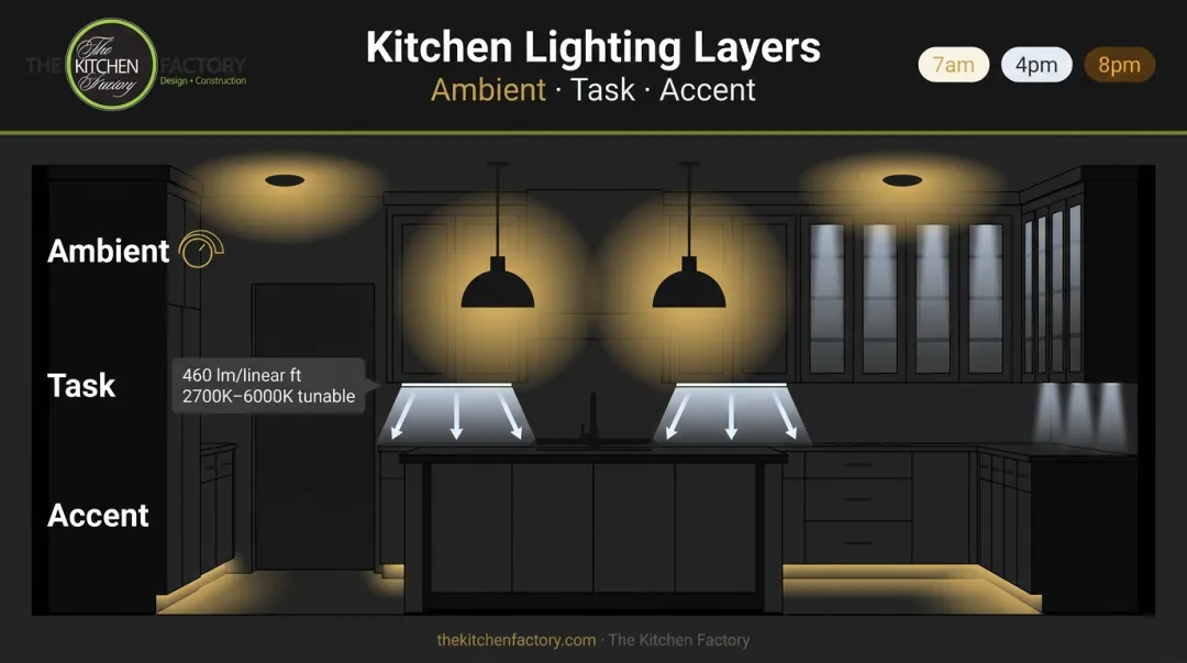 Three-layer kitchen lighting plan ambient task and accent lighting diagram