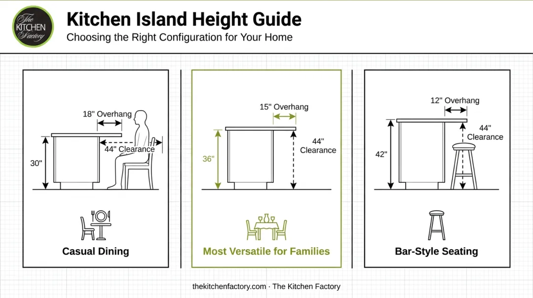 Kitchen island height and seating dimensions guide with clearance measurements