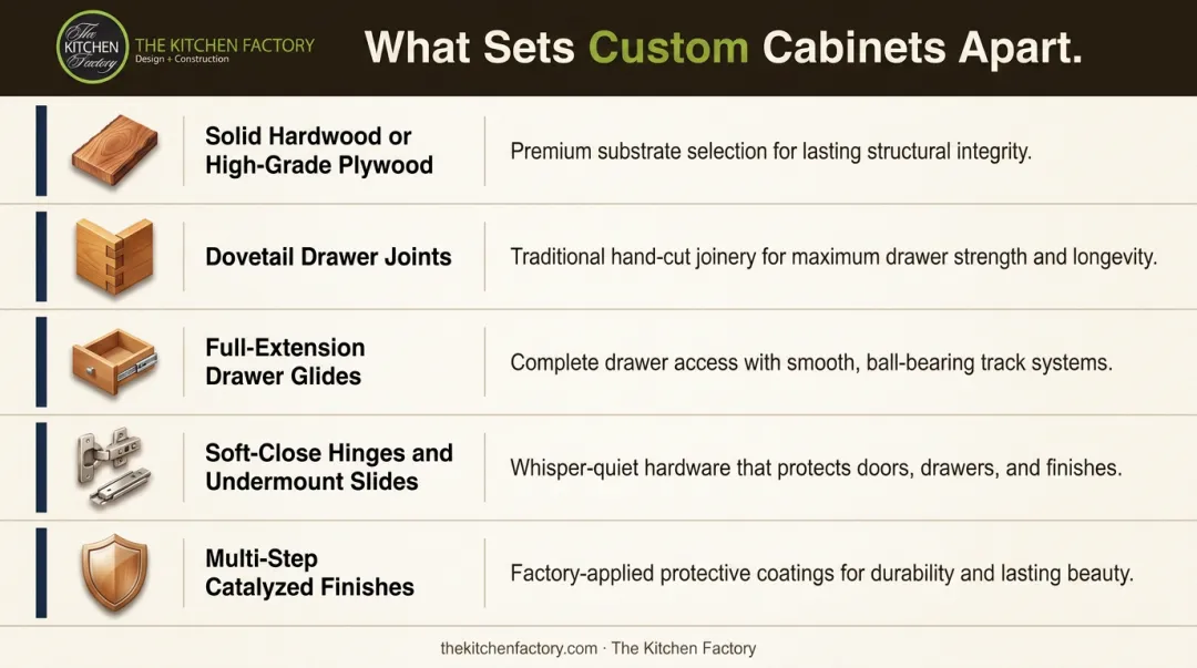 Custom cabinet construction quality features and material specifications breakdown infographic