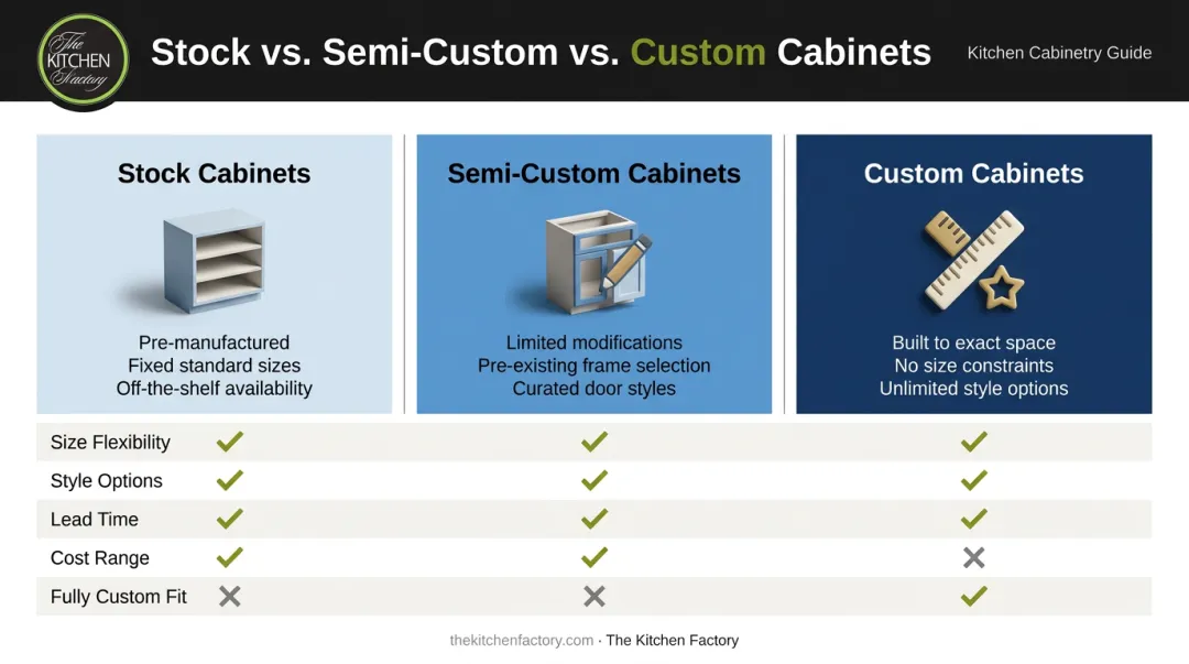 Three kitchen cabinet types stock semi-custom and custom comparison infographic