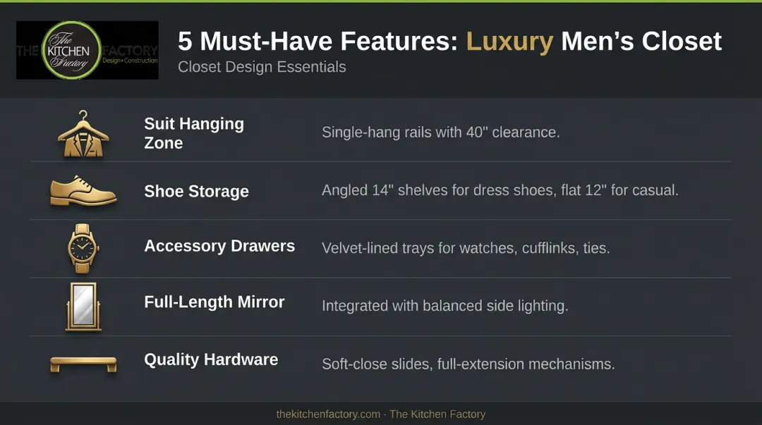 Five must-have features for luxury mens walk-in closet design checklist infographic