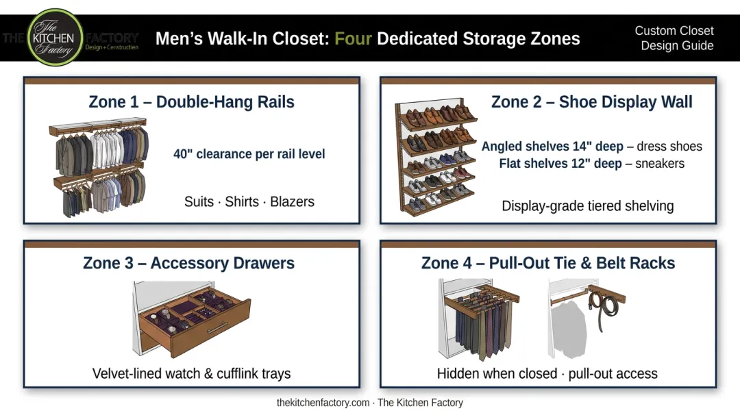 Men's walk-in closet storage zones layout with hanging rails shoe wall and accessory drawers