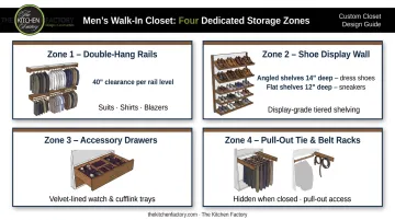 Men's walk-in closet storage zones layout with hanging rails shoe wall and accessory drawers