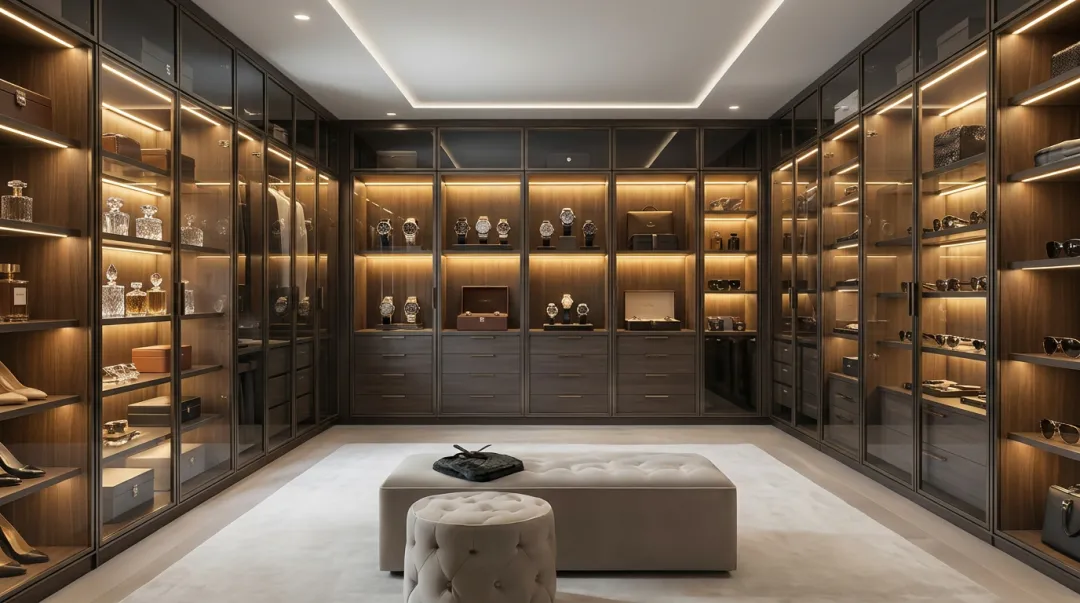 Glass-front display cabinets with LED lighting showcasing luxury watches and accessories in custom closet