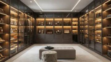 Glass-front display cabinets with LED lighting showcasing luxury watches and accessories in custom closet