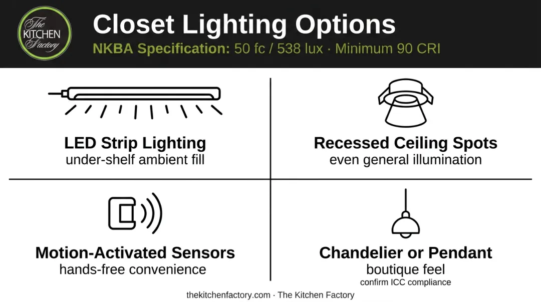 Four closet lighting types comparison with lux CRI specifications and placement guide