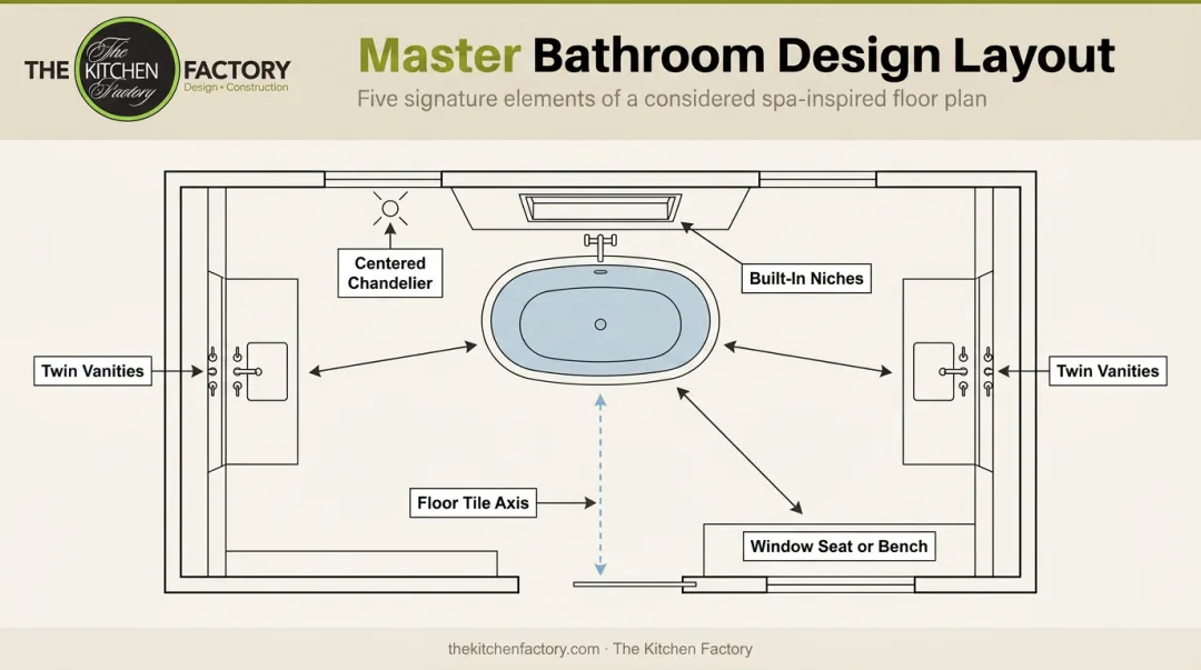 Freestanding tub centerpiece bathroom layout with five design element positions
