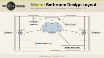 Freestanding tub centerpiece bathroom layout with five design element positions