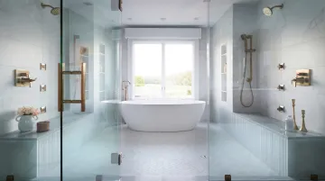 Luxury wet room with continuous zellige tile shower and freestanding soaking tub
