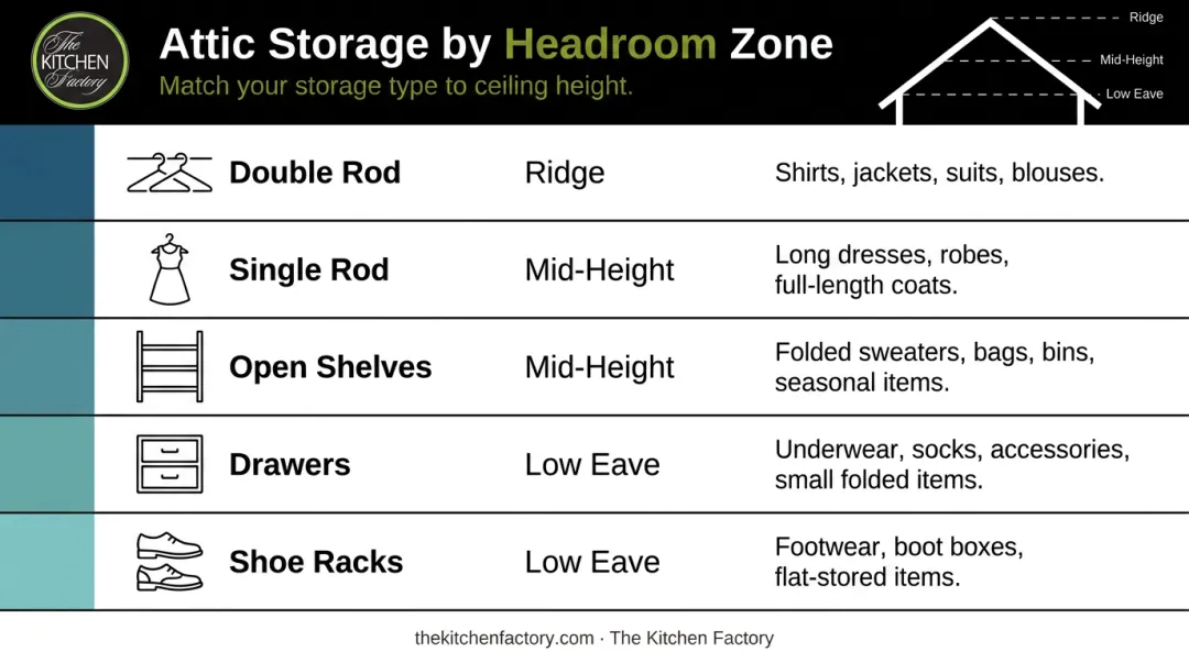 Attic closet storage type zone placement comparison chart with use cases