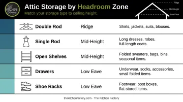 Attic closet storage type zone placement comparison chart with use cases