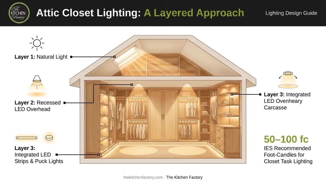Three-layer attic walk-in closet lighting system diagram with fixture types