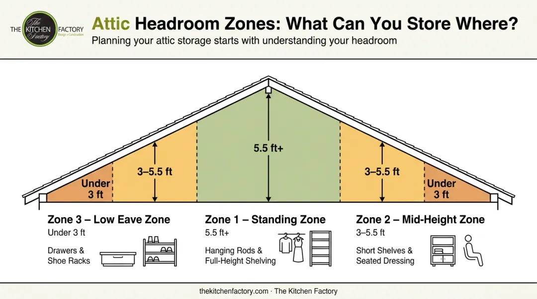 Attic closet three headroom zone layout infographic for storage planning