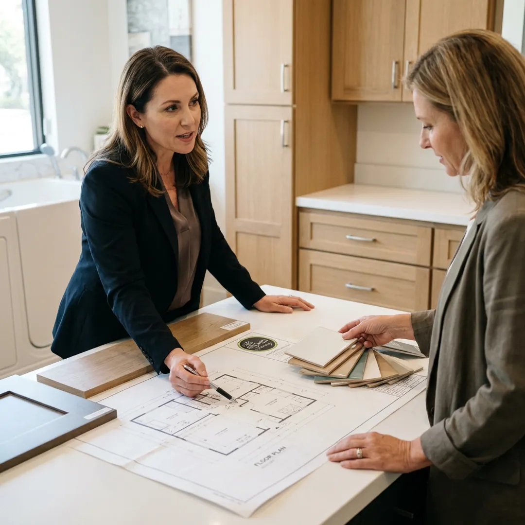 Designer reviewing bathroom remodeling plans