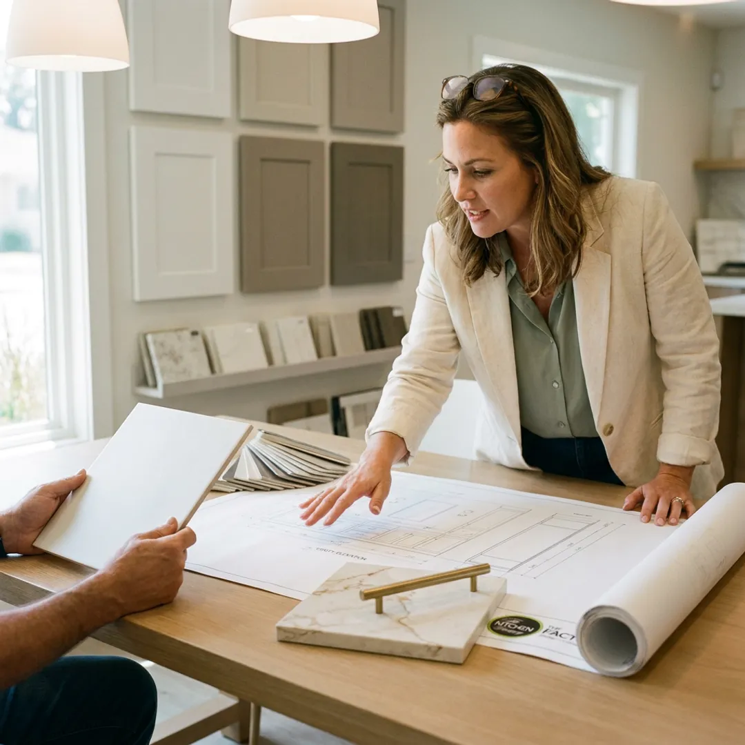 Designer reviewing bathroom remodeling plans and tile samples