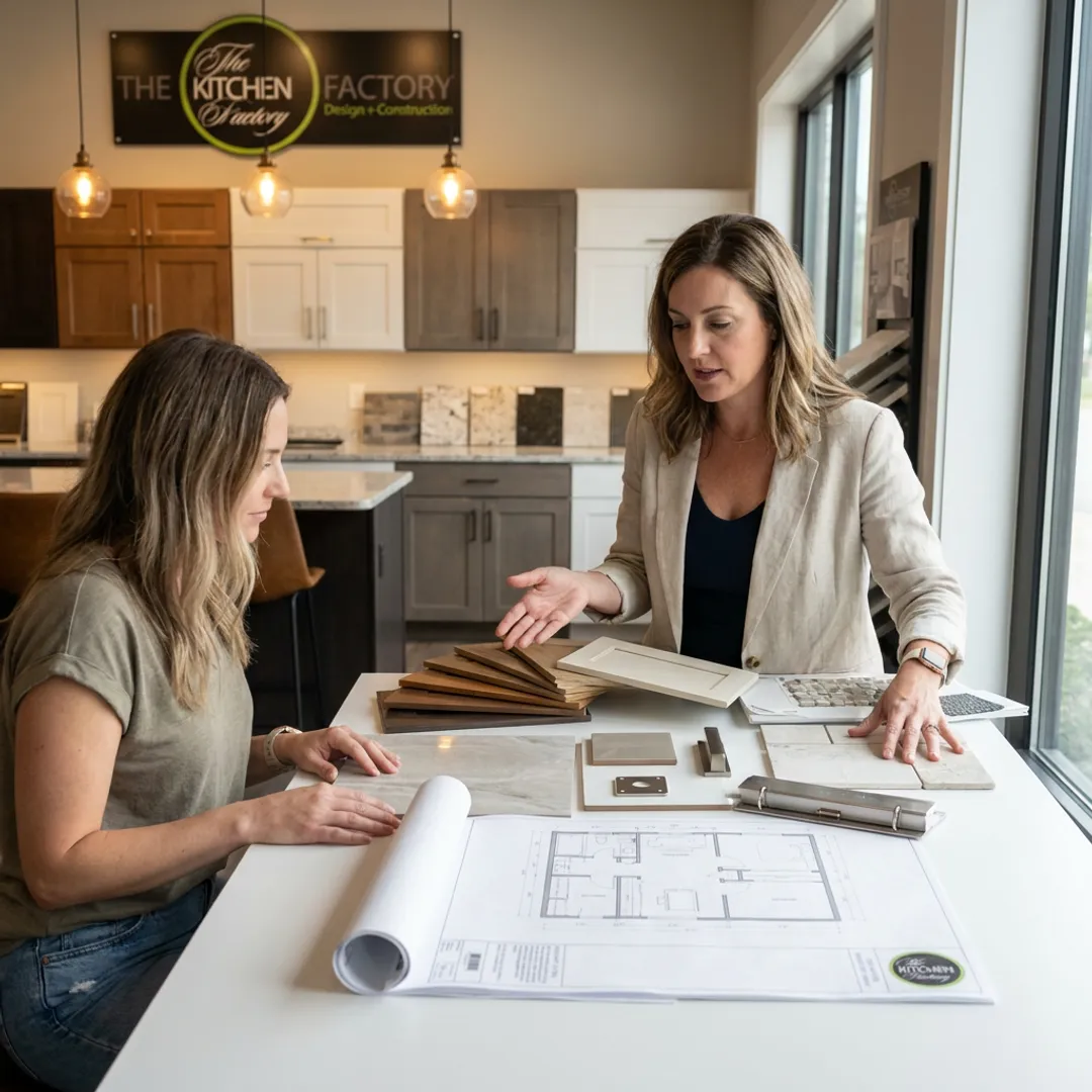 Designer reviewing bathroom remodel plans with homeowner