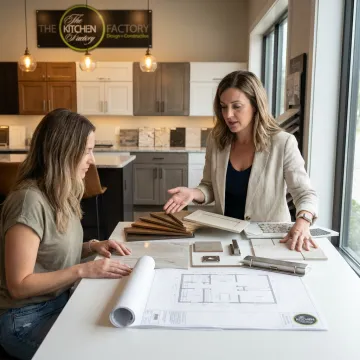 Designer reviewing bathroom remodel plans with homeowner
