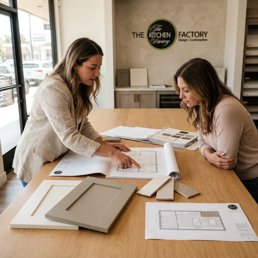 Designer reviewing bathroom plans with homeowner