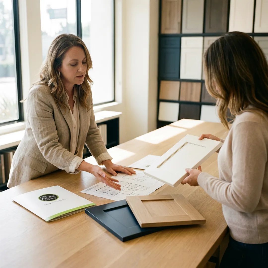 Designer reviewing kitchen remodel plans with homeowner