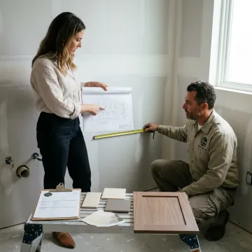 Designer and contractor reviewing bathroom renovation plans