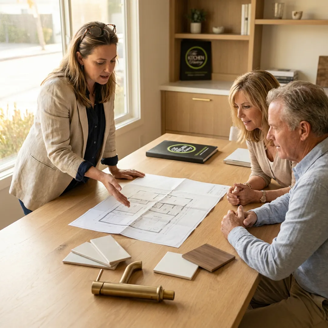 Designer reviewing bathroom remodeling plans with homeowner