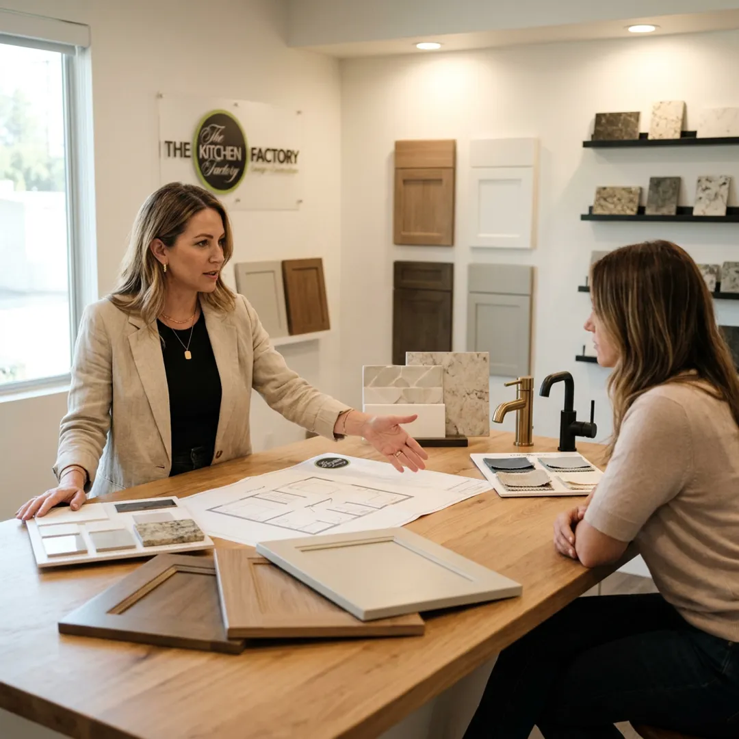 Designer reviewing bathroom remodeling plans and finish samples