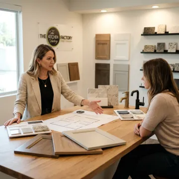 Designer reviewing bathroom remodeling plans and finish samples