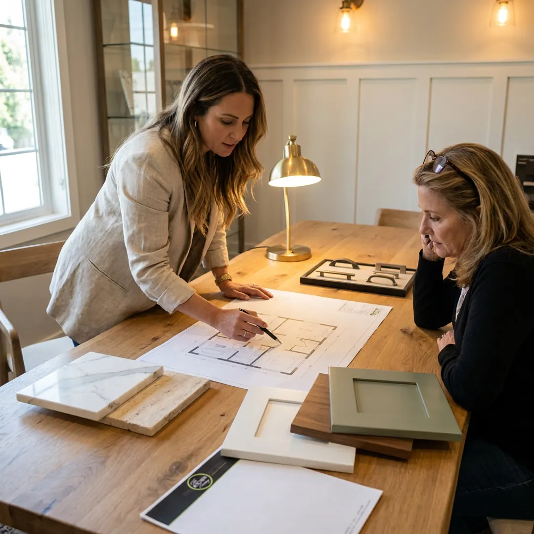 Designer reviewing luxury bathroom remodel plans with homeowner