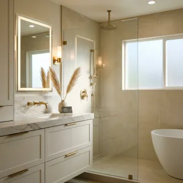 Luxury custom bathroom remodel with vanity and tile shower