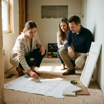 Designer reviewing bathroom remodeling plans with homeowners