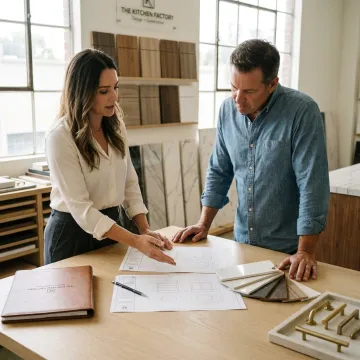 Designer reviewing vanity plans with homeowner